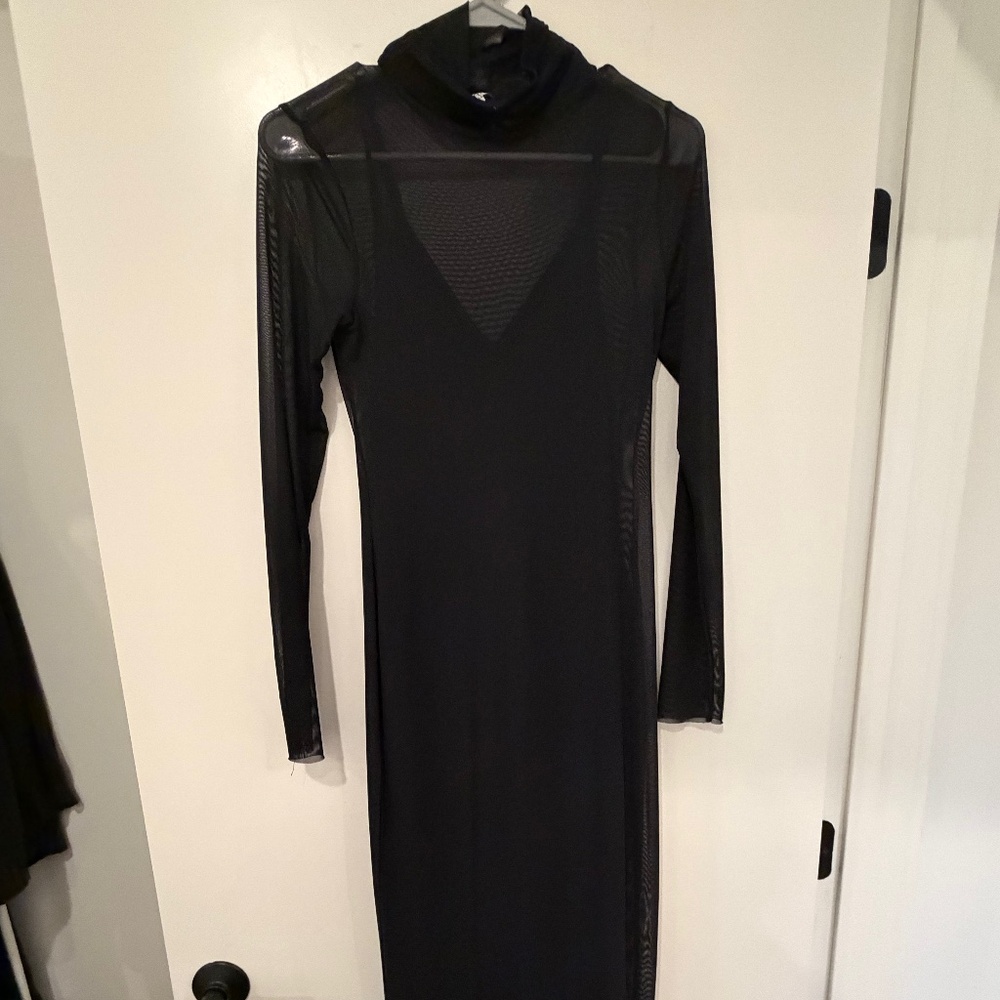 Long Black Mesh Slip Dress - Small